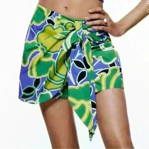 Zara  Womens Blue Green Coastal Floral Wrap Euro Summer Preppy Prep Skort Medium